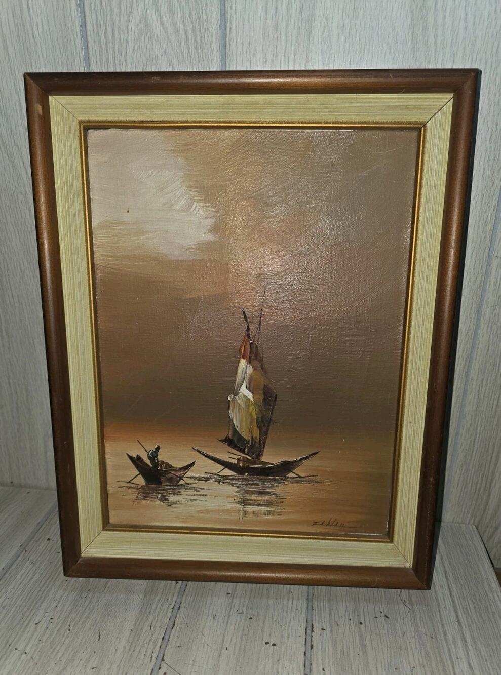 Vtg Zablan Filipino Fishing Boats Sunset Framed Oil Painting Canvas Mid Century